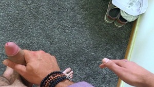 dirty man with shaggy legs getting covered in new cum