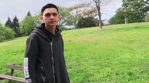 slim brunette hair twink cums all over himself after sex