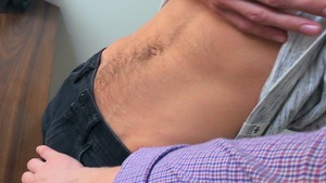 Skinny and bushy man receives pounded sideways on cam