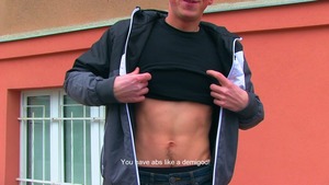 guy shakes his wazoo and enjoys a throbbing load on his belly